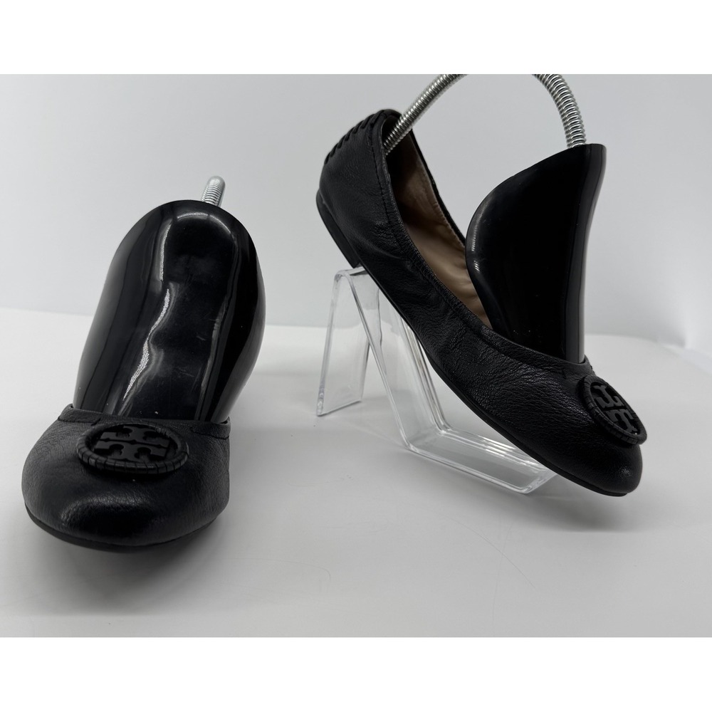 Tory Burch Reva Ballet Flats Black Leather Logo Medallion Women's 7.5 Classic